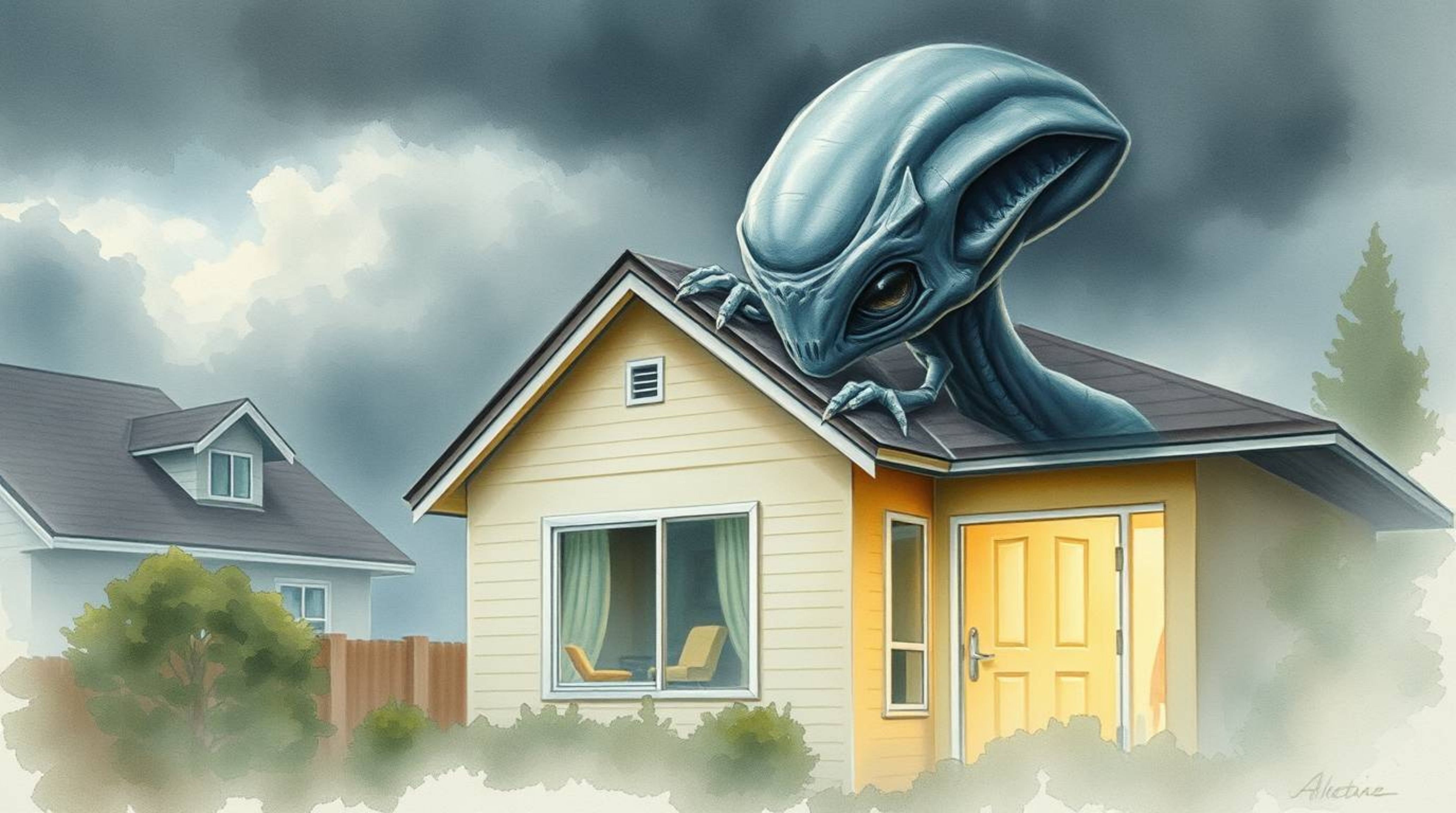 A delicate watercolor painting portrays a grey-skinned alien with sharp features residing in a typical suburban house. The ar