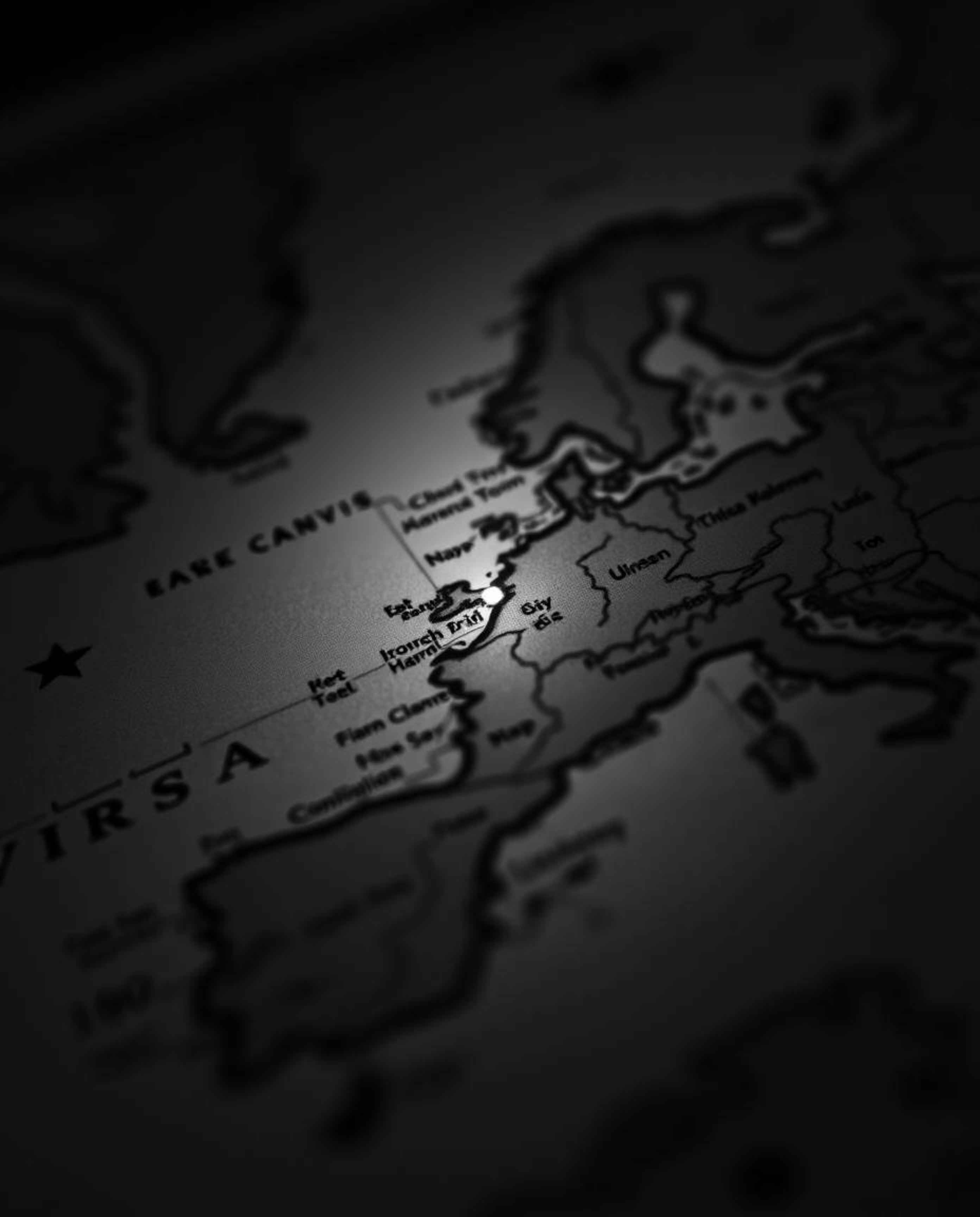 An extreme macro close-up reveals a captivating, glowing map within the confines of an old study, rendered in classic black a