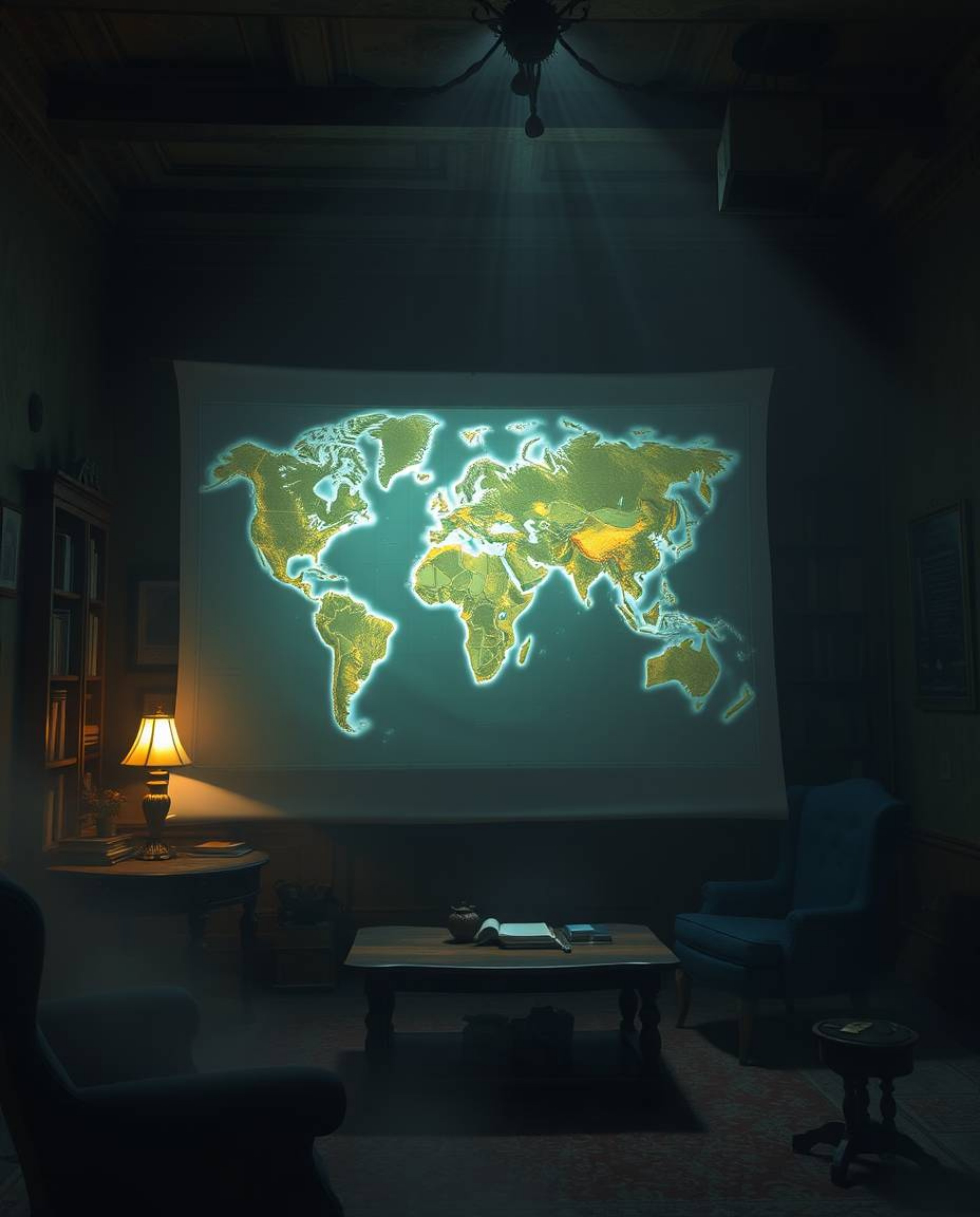 A captivating scene unfolds in a dusty old study where a glowing map is projected into the air, brought to life by stunning v