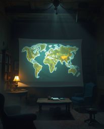 A captivating scene unfolds in a dusty old study where a glowing map is projected into the air, brought to life by stunning v