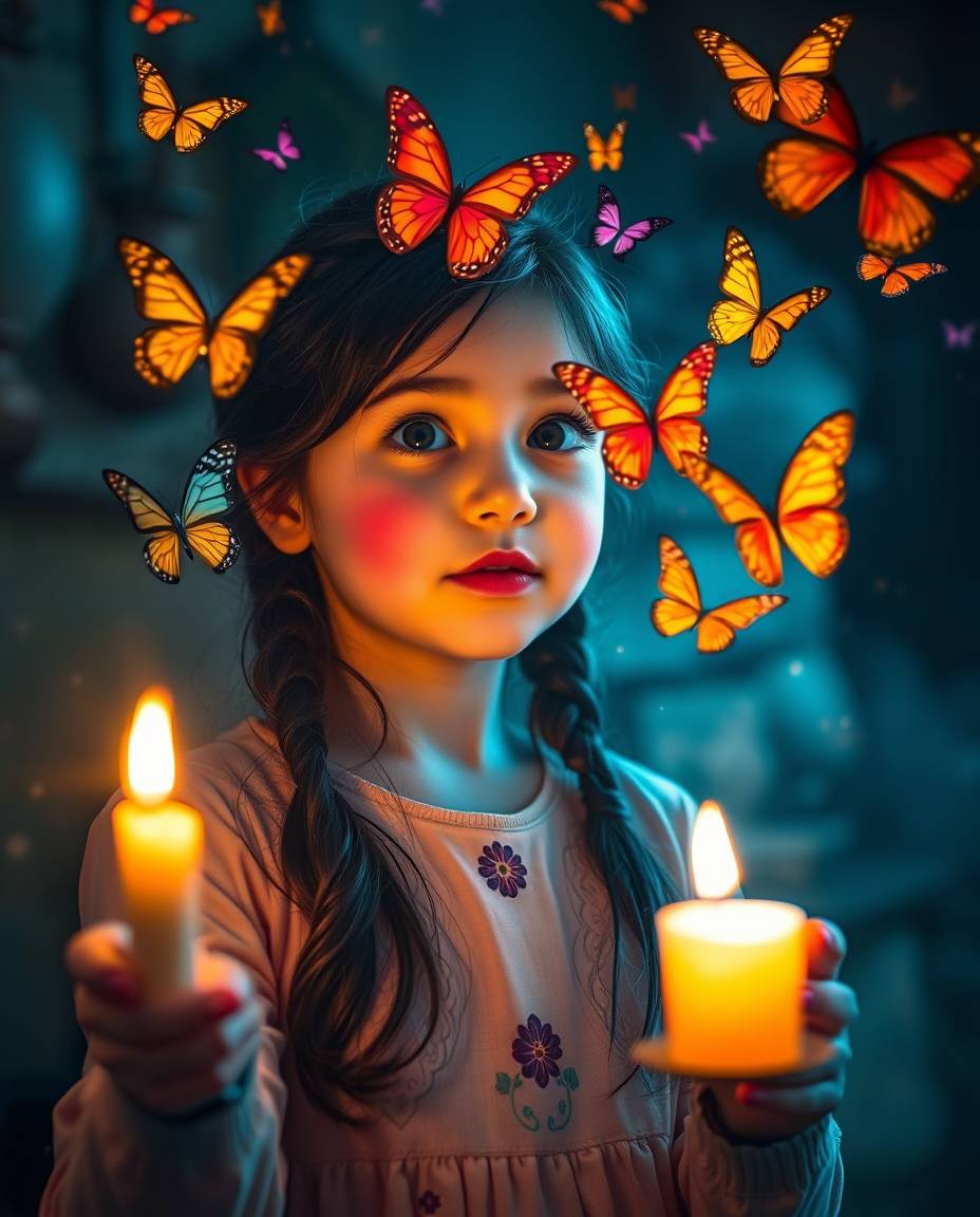 A captivating image of a girl with rosy cheeks and dark hair releasing colorful butterflies into the air, bathed in the warm 