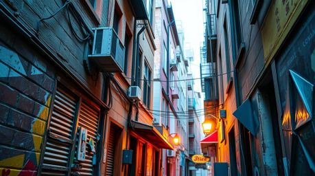 A grungy city alley scene featuring rebellious teens and a vibrant complementary color scheme, presented in an intricate orig