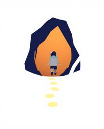 A captivating geometric logo depicts a child venturing into a cave, guided by glowing footsteps. The design employs balanced,