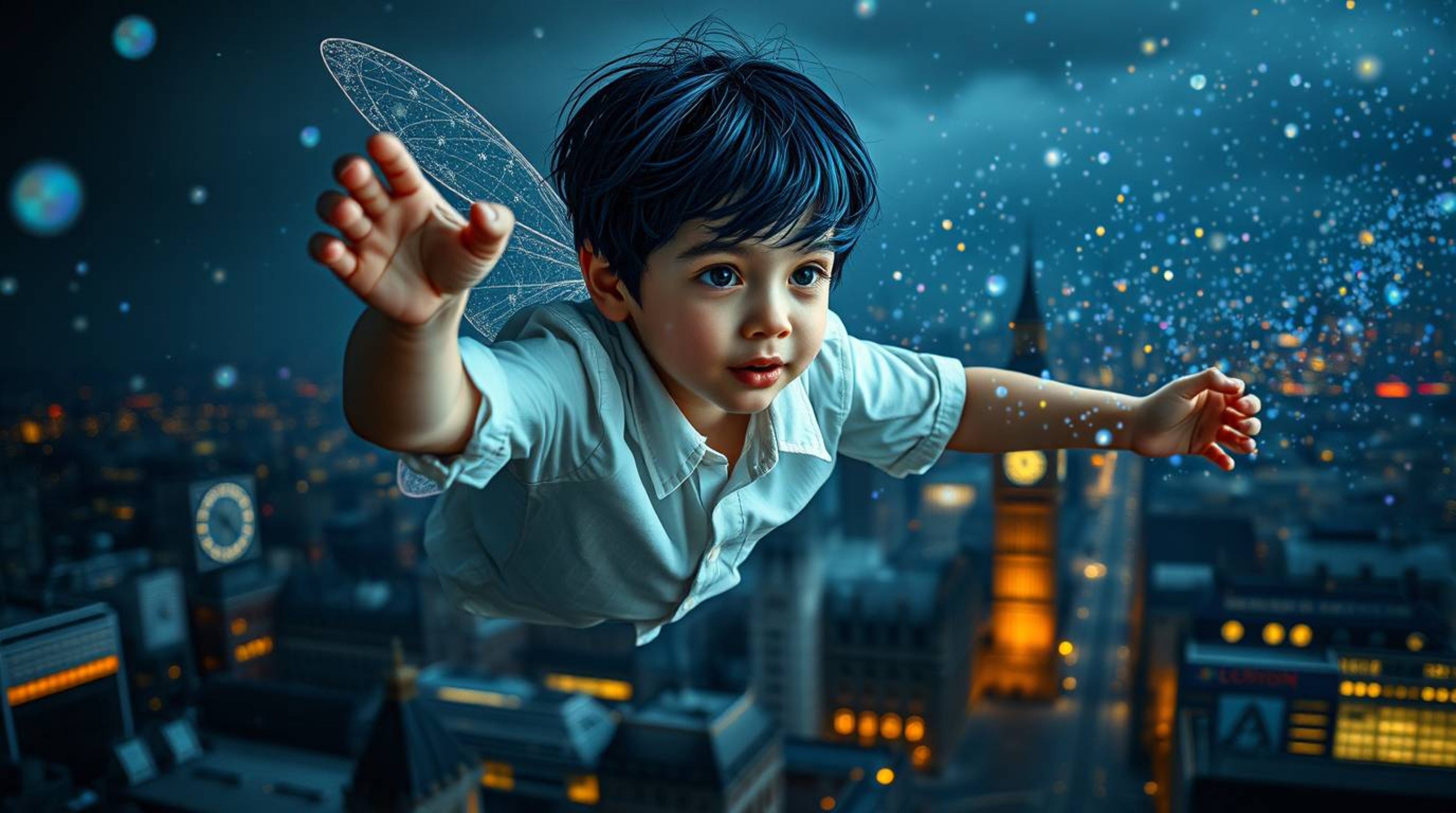 A surreal and dreamlike image captures a young boy with striking dark blue hair, clad in a white shirt, soaring above London 