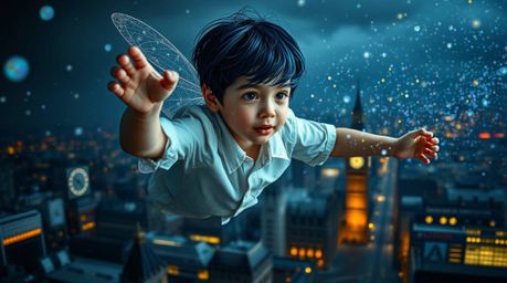 A surreal and dreamlike image captures a young boy with striking dark blue hair, clad in a white shirt, soaring above London 