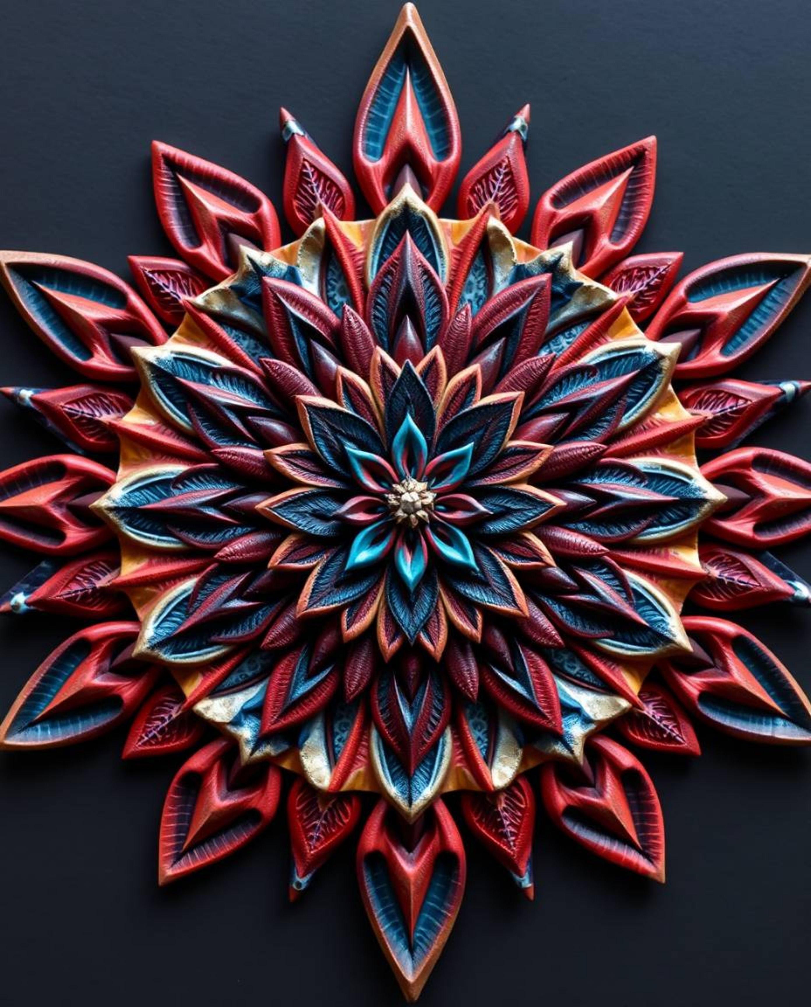 This geometric floral mandala features vibrant colors and a meticulously symmetrical design, rendered in sculptural clay art.
