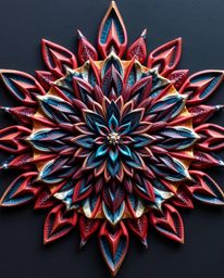 This geometric floral mandala features vibrant colors and a meticulously symmetrical design, rendered in sculptural clay art.
