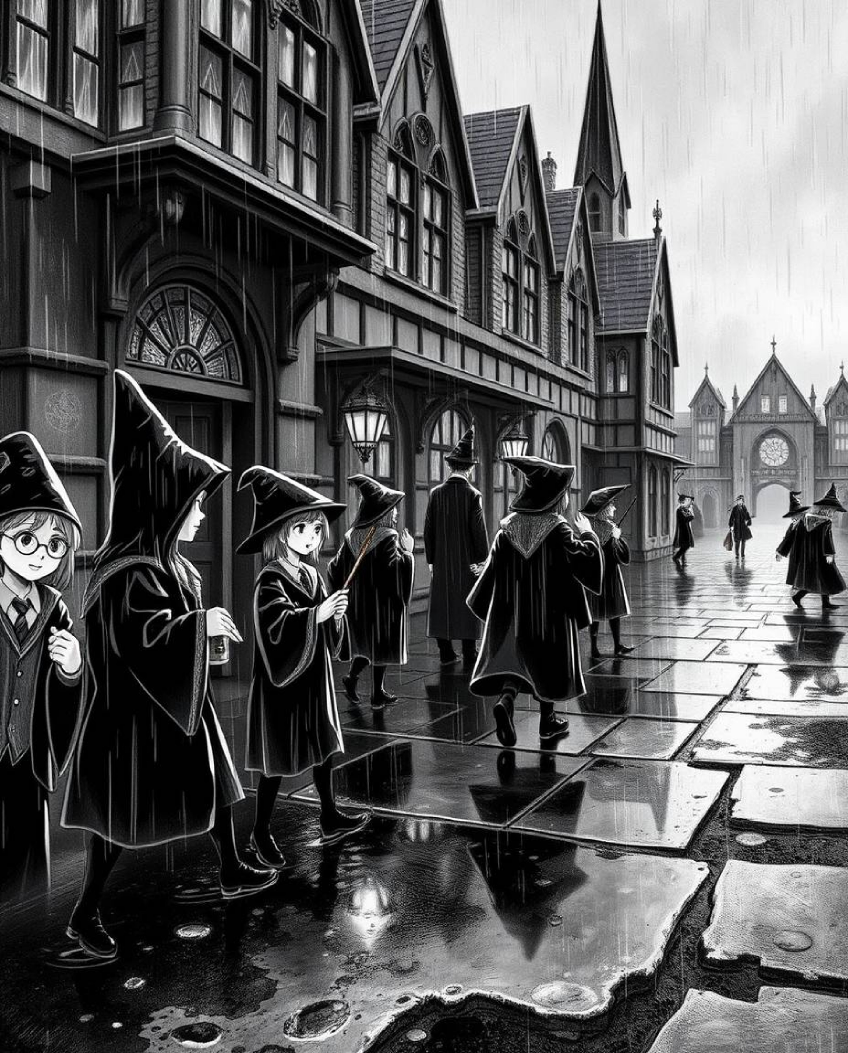 Immerse yourself in a magical school teeming with young wizards, brought to life in a classic black and white style. This sce