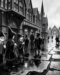 Immerse yourself in a magical school teeming with young wizards, brought to life in a classic black and white style. This sce