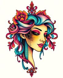 A captivating traditional tattoo art print showcases a graceful and elegant design. Vibrant colors depict a digital glitch tr