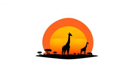 A striking geometric logo design features a sunset over a savanna with silhouetted giraffes.  The dark tones and unsettling d