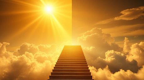 A captivating image showcases a dynamic split composition of a golden staircase ascending through ethereal clouds towards a r
