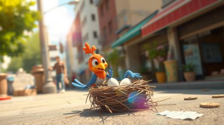 A vibrant street photography style image showcasing two cartoon birds diligently building a nest in a classic animation style