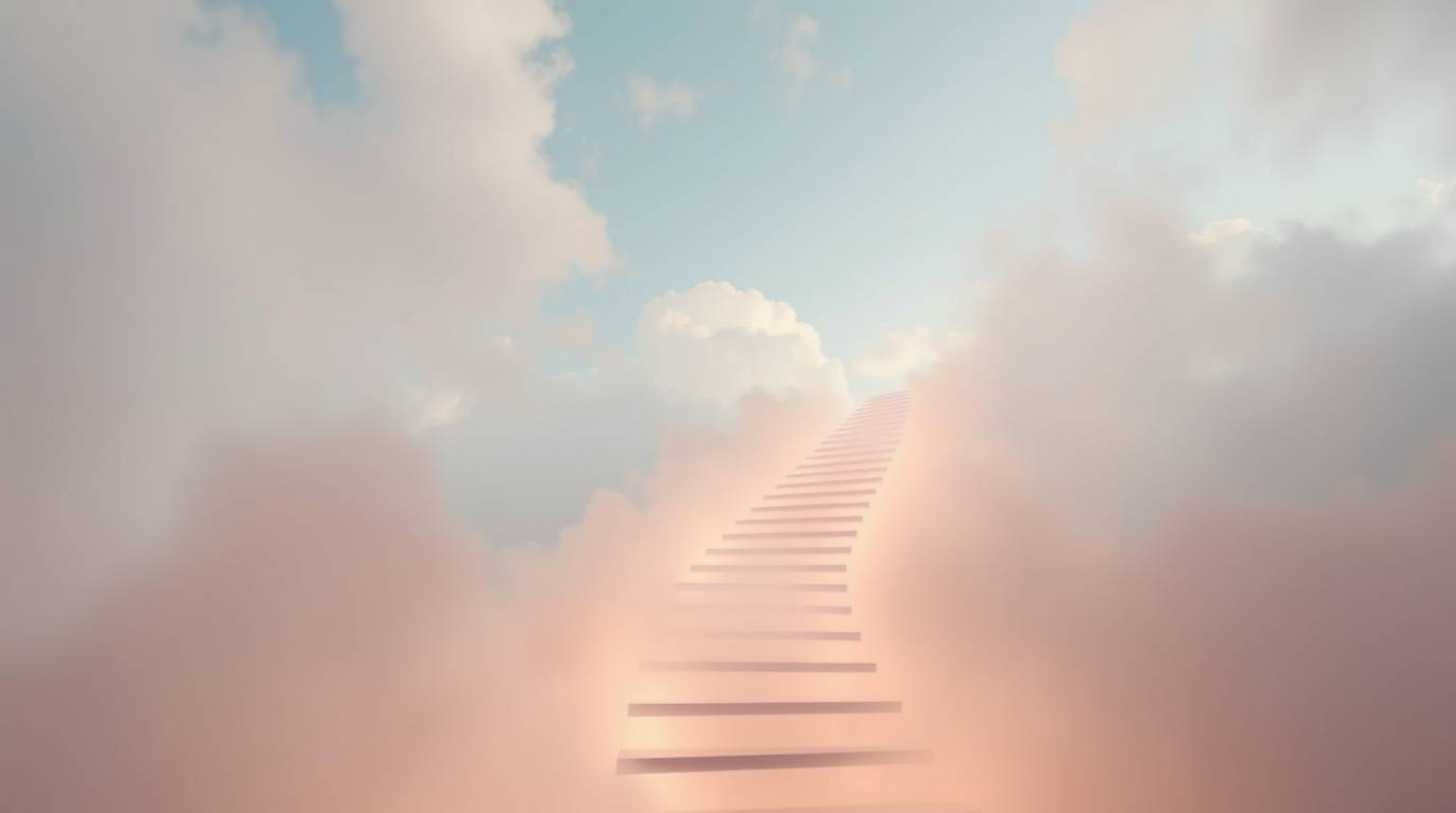 A captivating image depicts a winding stairway composed of smoke and light, ascending into a vast, cloudy sky.  This ethereal