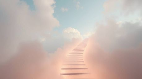 A captivating image depicts a winding stairway composed of smoke and light, ascending into a vast, cloudy sky.  This ethereal