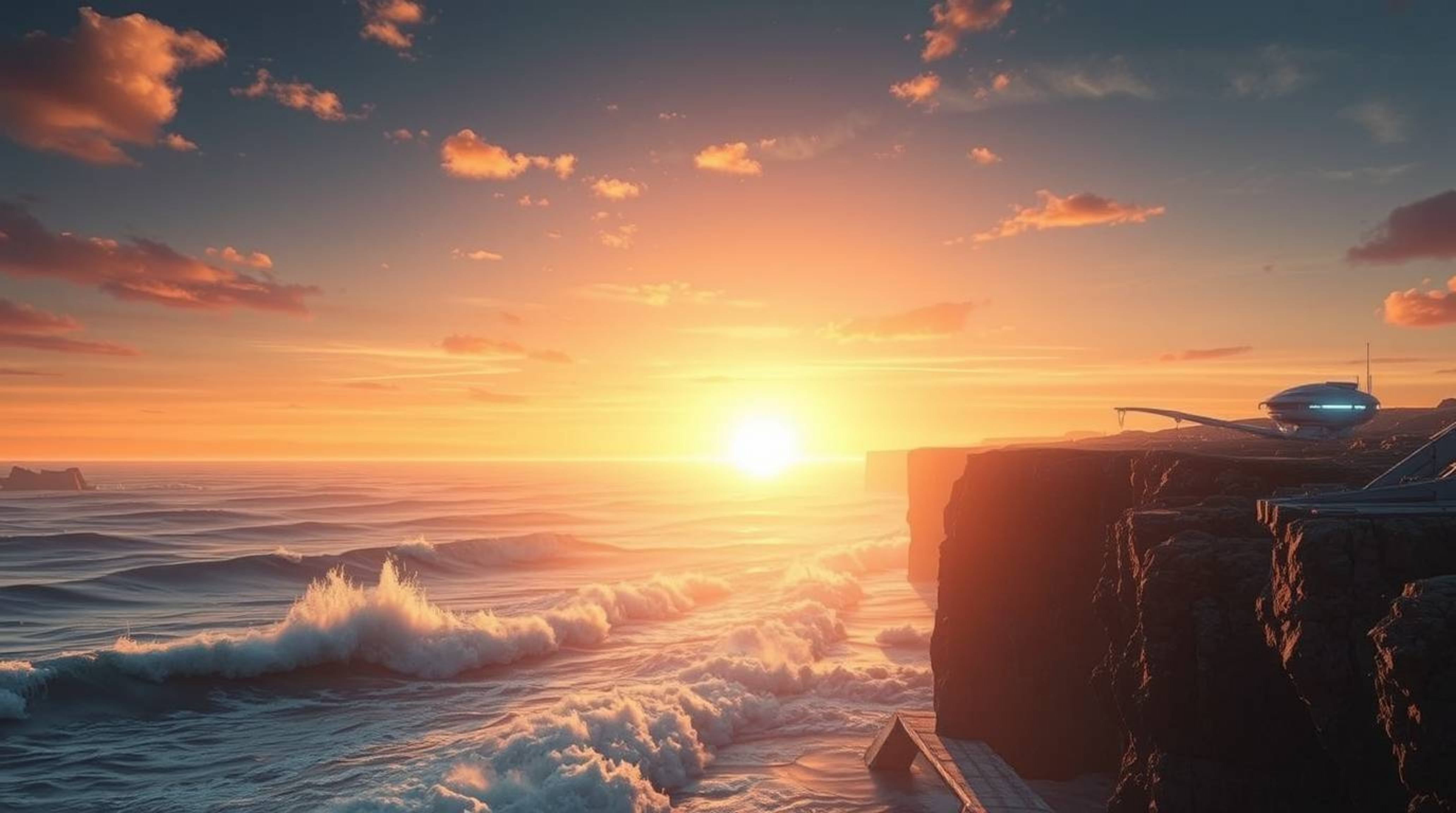 Experience a breathtaking futuristic sci-fi cinematic scene featuring waves crashing on cliffs beneath a blazing sunset sky. 