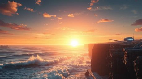 Experience a breathtaking futuristic sci-fi cinematic scene featuring waves crashing on cliffs beneath a blazing sunset sky. 