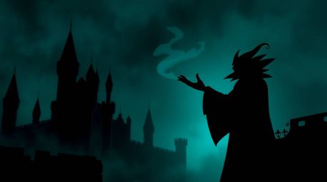 A silhouetted figure, reminiscent of a classic Disney villain, casts a spell within an old castle against a rich, deep teal b