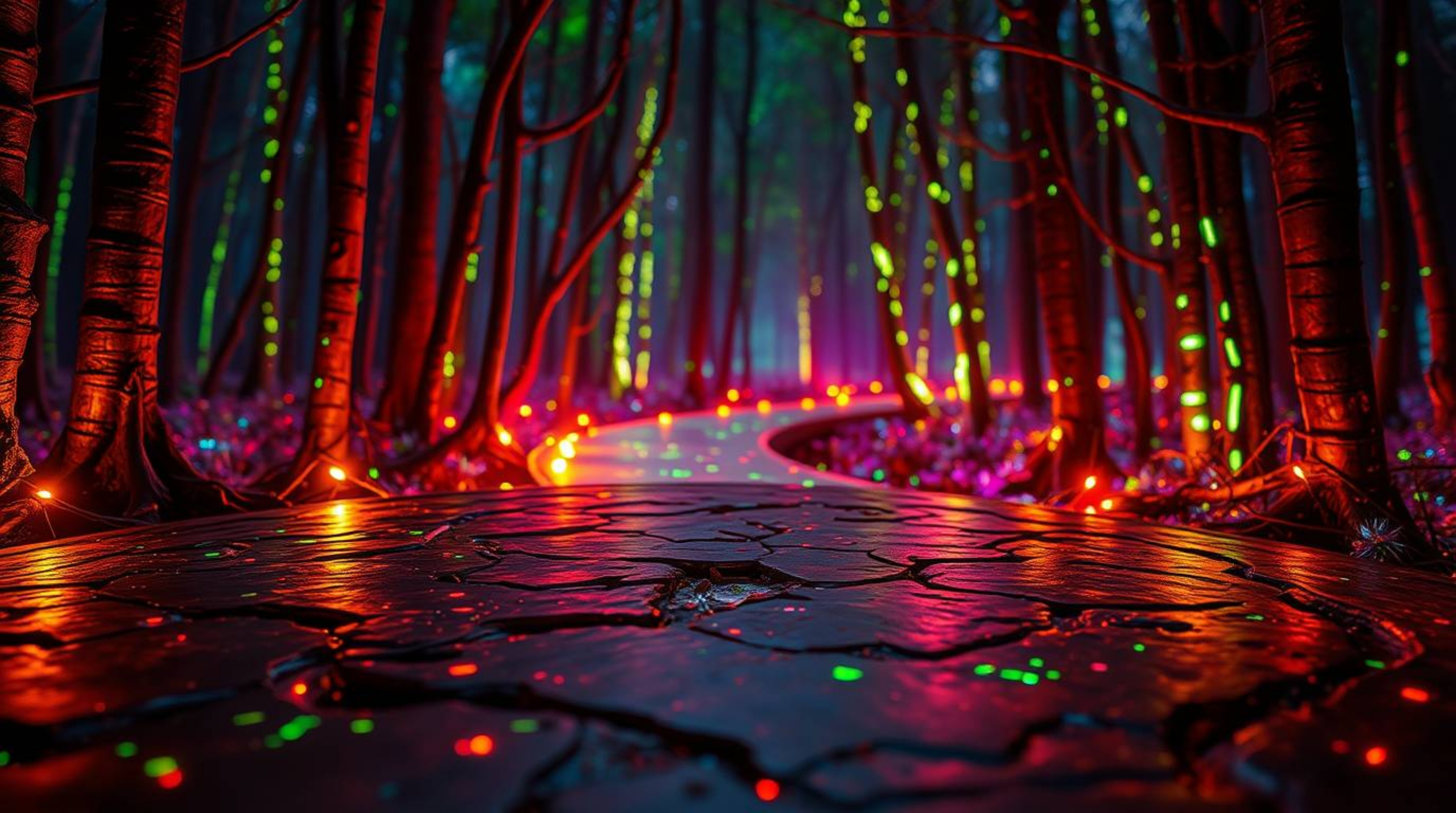 Experience a thrilling chase through a mesmerizing looping forest background.  The scene features vibrant bioluminescent colo