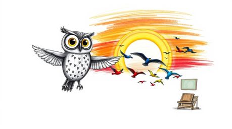A whimsical hand-drawn sketch depicts a blind owl, rendered in a Pixar-esque style with expressive eyes, guiding a flock of c