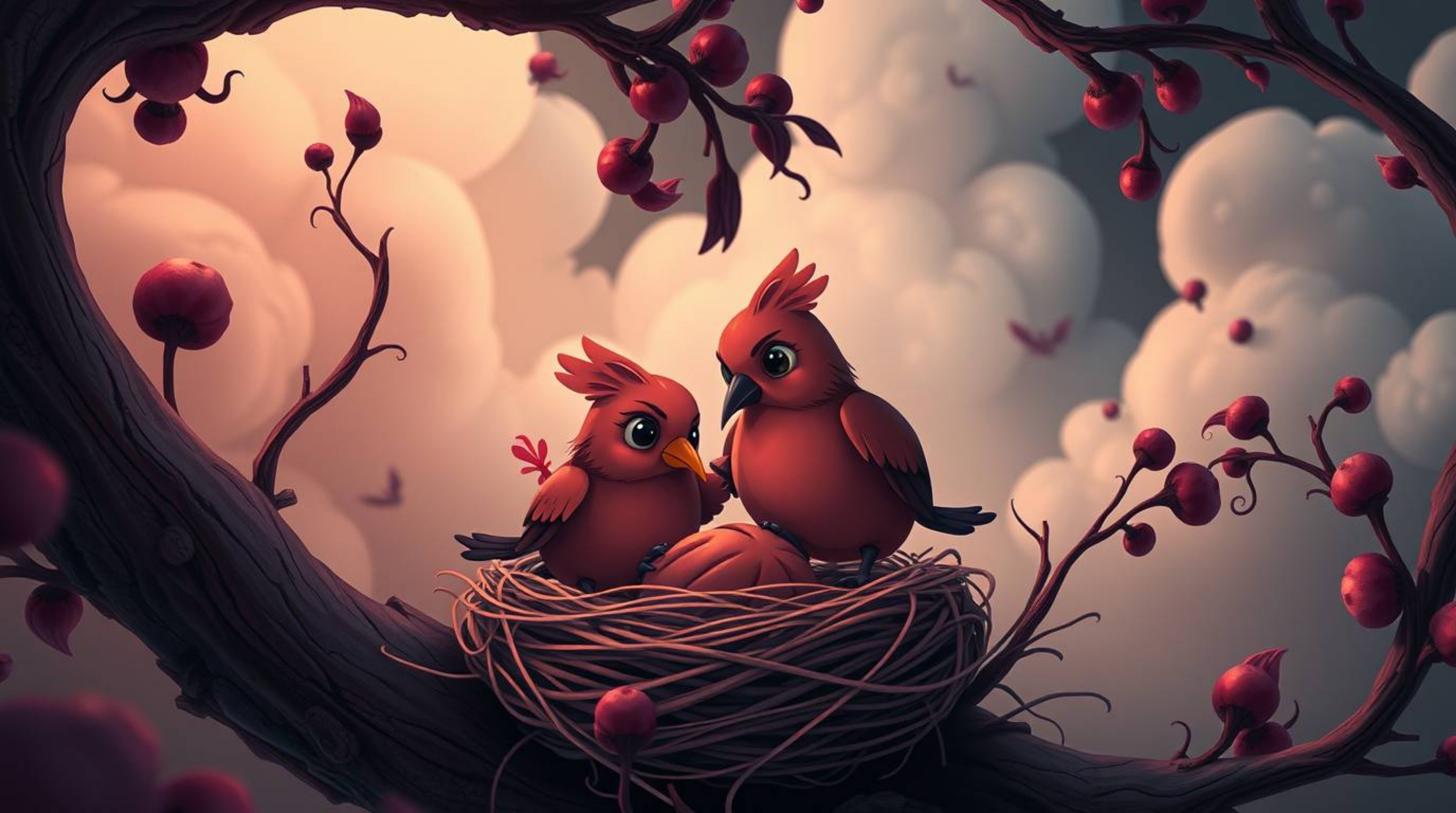 A dreamlike surreal image featuring two cartoon birds, rendered in a classic animation style, diligently building a nest. The