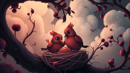 A dreamlike surreal image featuring two cartoon birds, rendered in a classic animation style, diligently building a nest. The