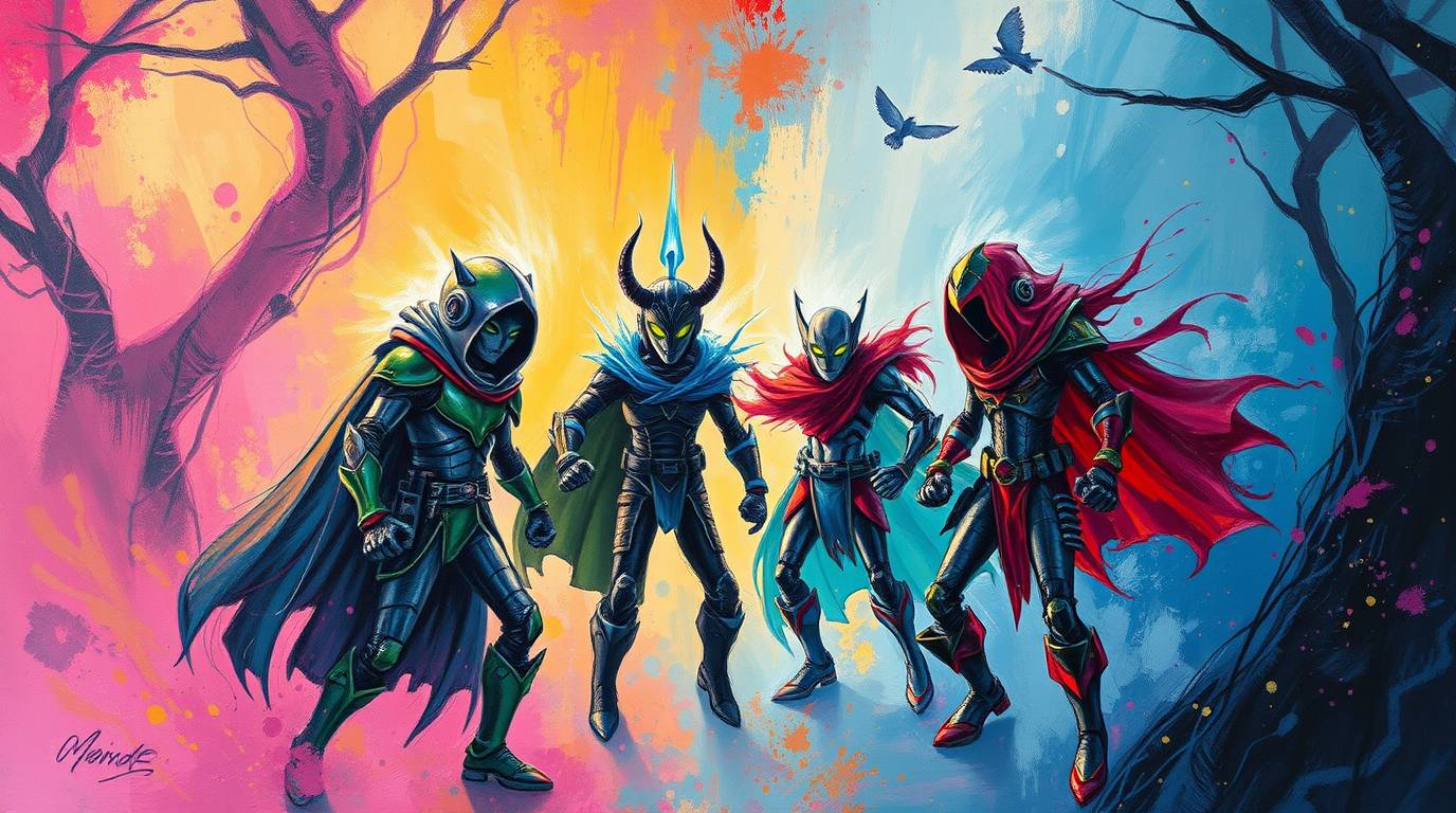 A dynamic acrylic painting depicts a band of misfit heroes uniting in a mystic and enchanting realm. Vivid electric colors cr