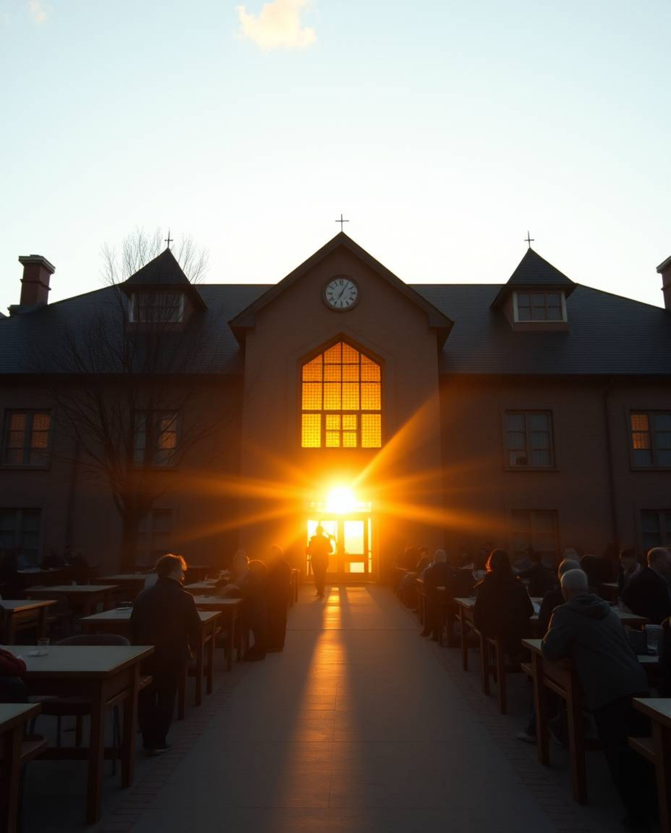 This image depicts a magical school bathed in soft, warm light, evoking the serene feeling of either sunrise or sunset.  The 