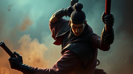 Experience a stunning digital painting depicting a fierce battle in a dusty, fog-filled dystopian world. A fair-skinned samur