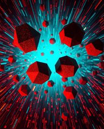 Experience the captivating visuals of glitched geometric shapes floating in a vibrant cyberspace matrix.  This high-contrast 