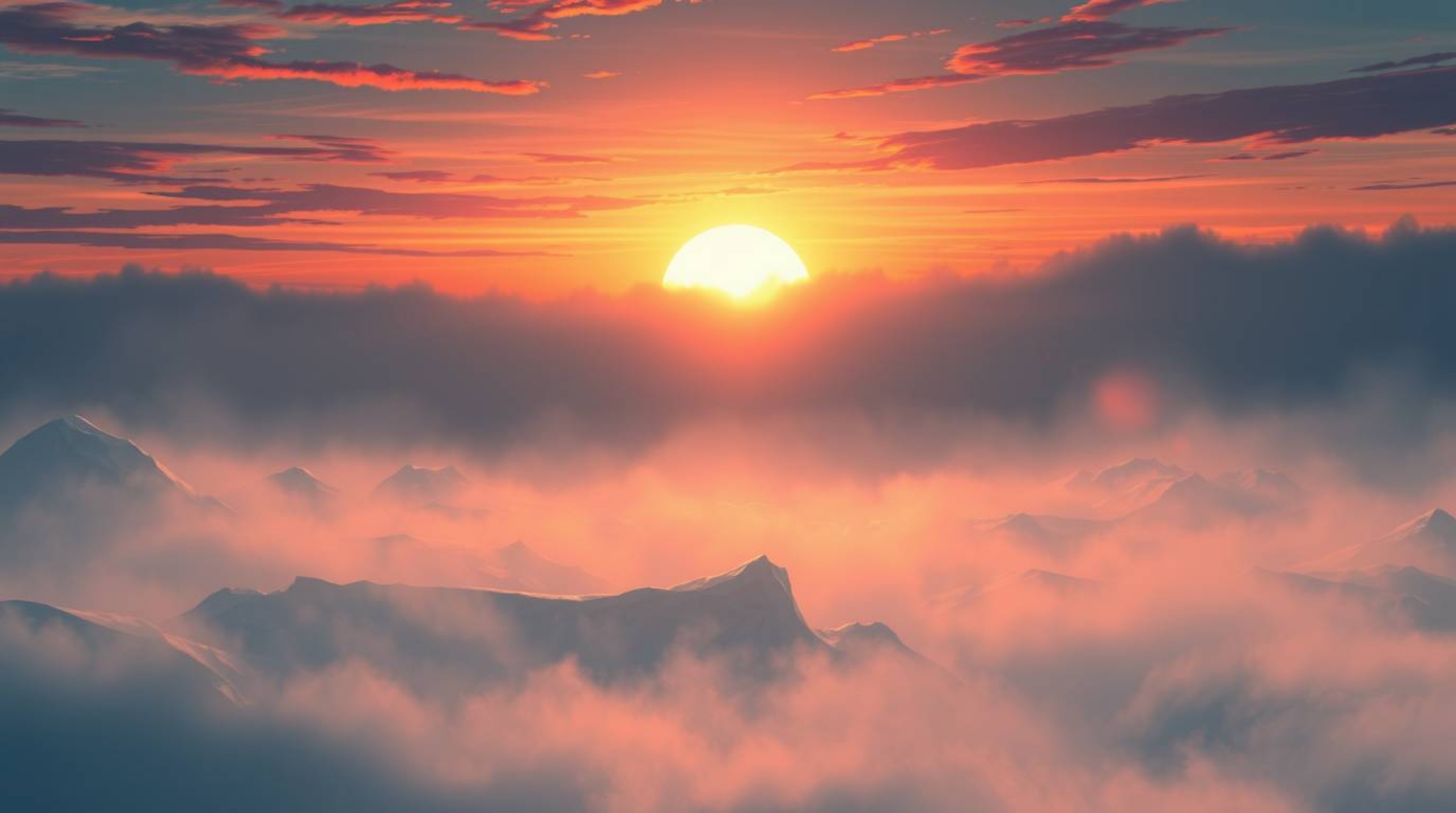 An evocative isekai-style anime illustration showcases a breathtaking sunset over icy polar glaciers, shrouded in thick fog. 