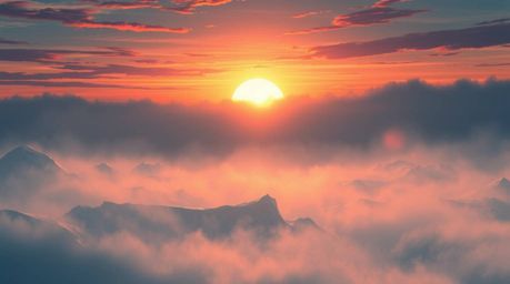 An evocative isekai-style anime illustration showcases a breathtaking sunset over icy polar glaciers, shrouded in thick fog. 