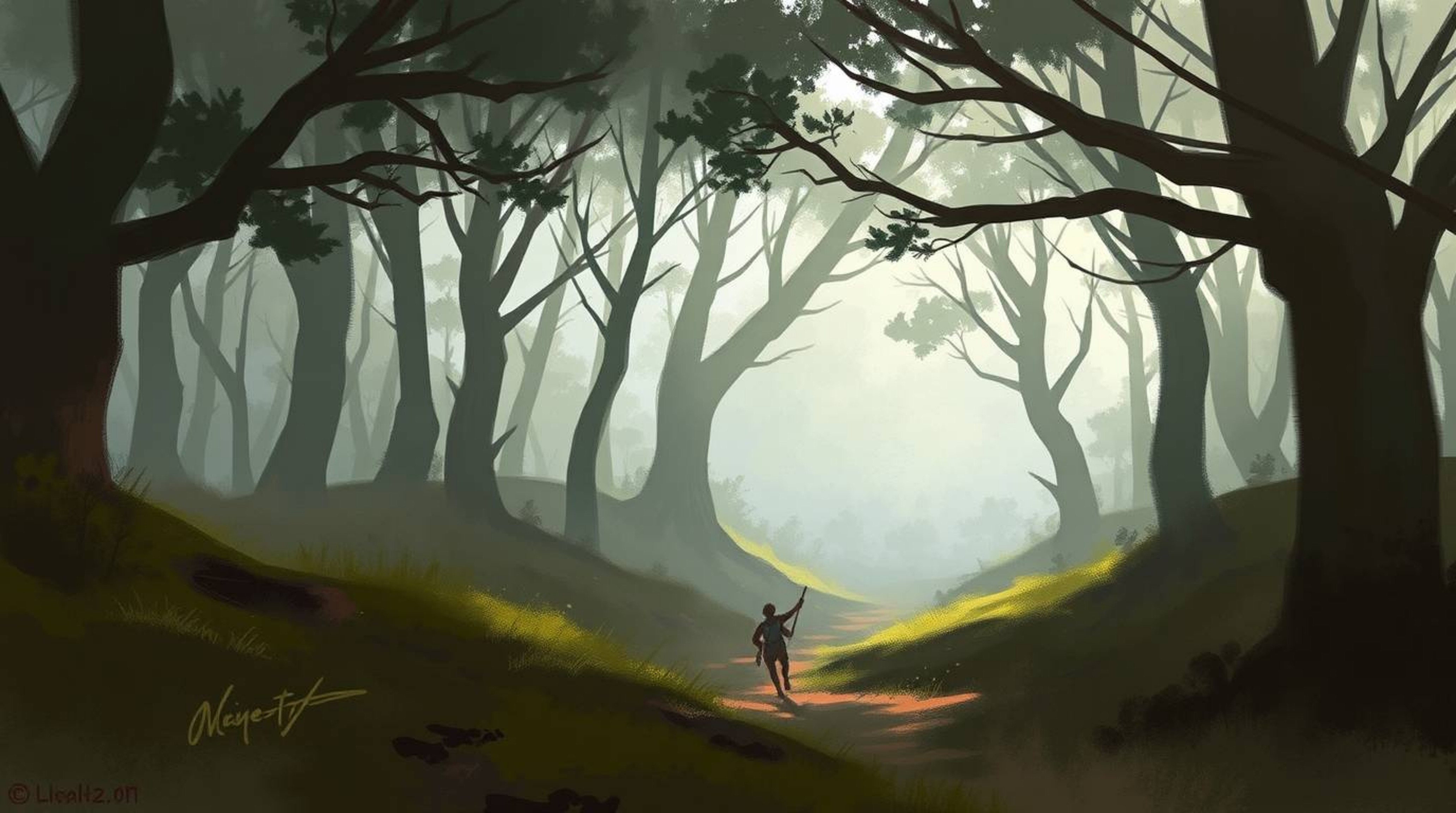 This collection showcases dynamic digital sketches of a thrilling chase scene unfolding within a looping forest backdrop. The
