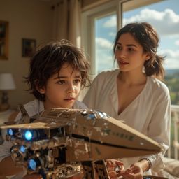 Exquisite high-fashion photography captures a young boy with messy brown hair, building an intricately designed cardboard spa