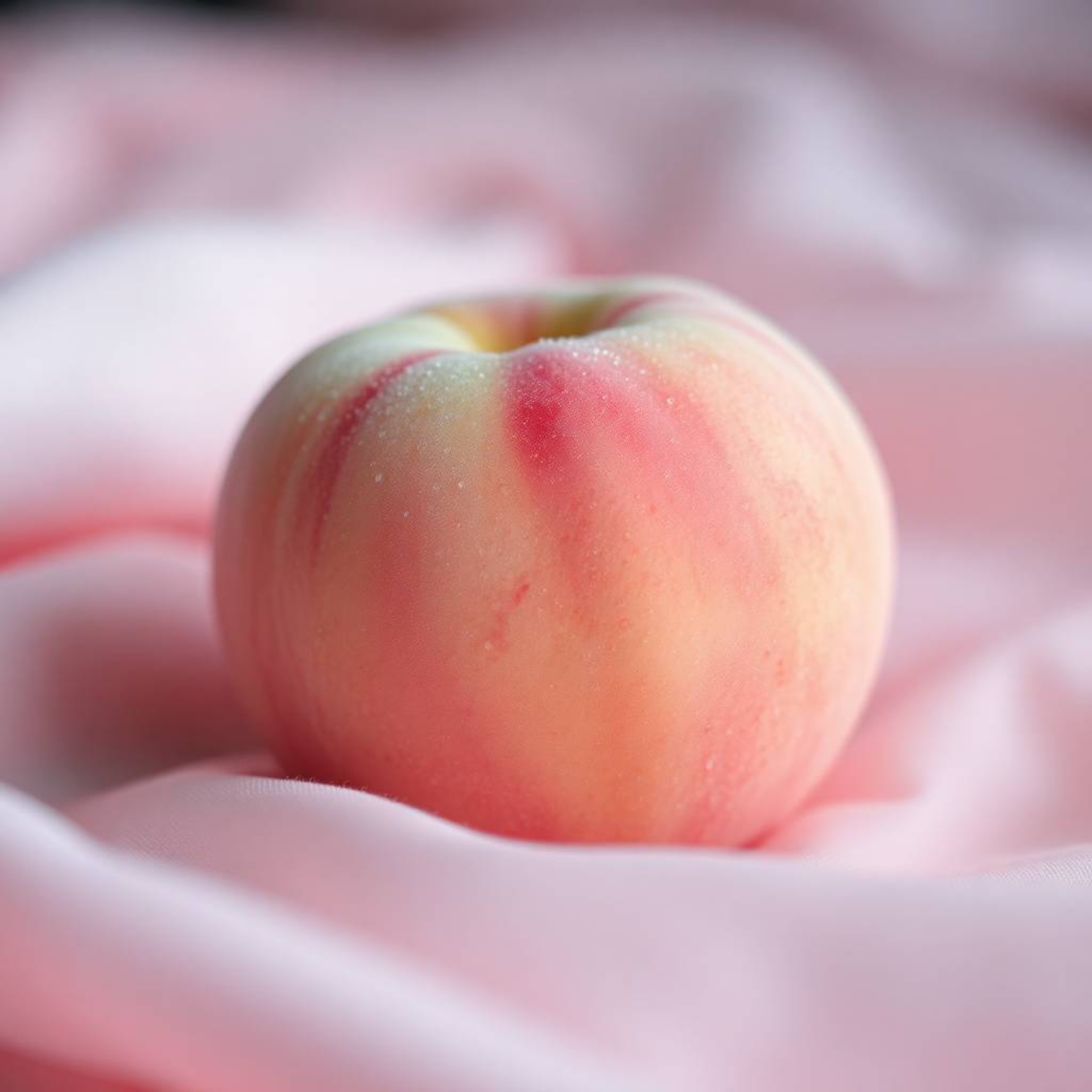 A captivating close-up ASMR image featuring a soft, blushing pink peach. Its fuzzy texture is highlighted by glistening conde