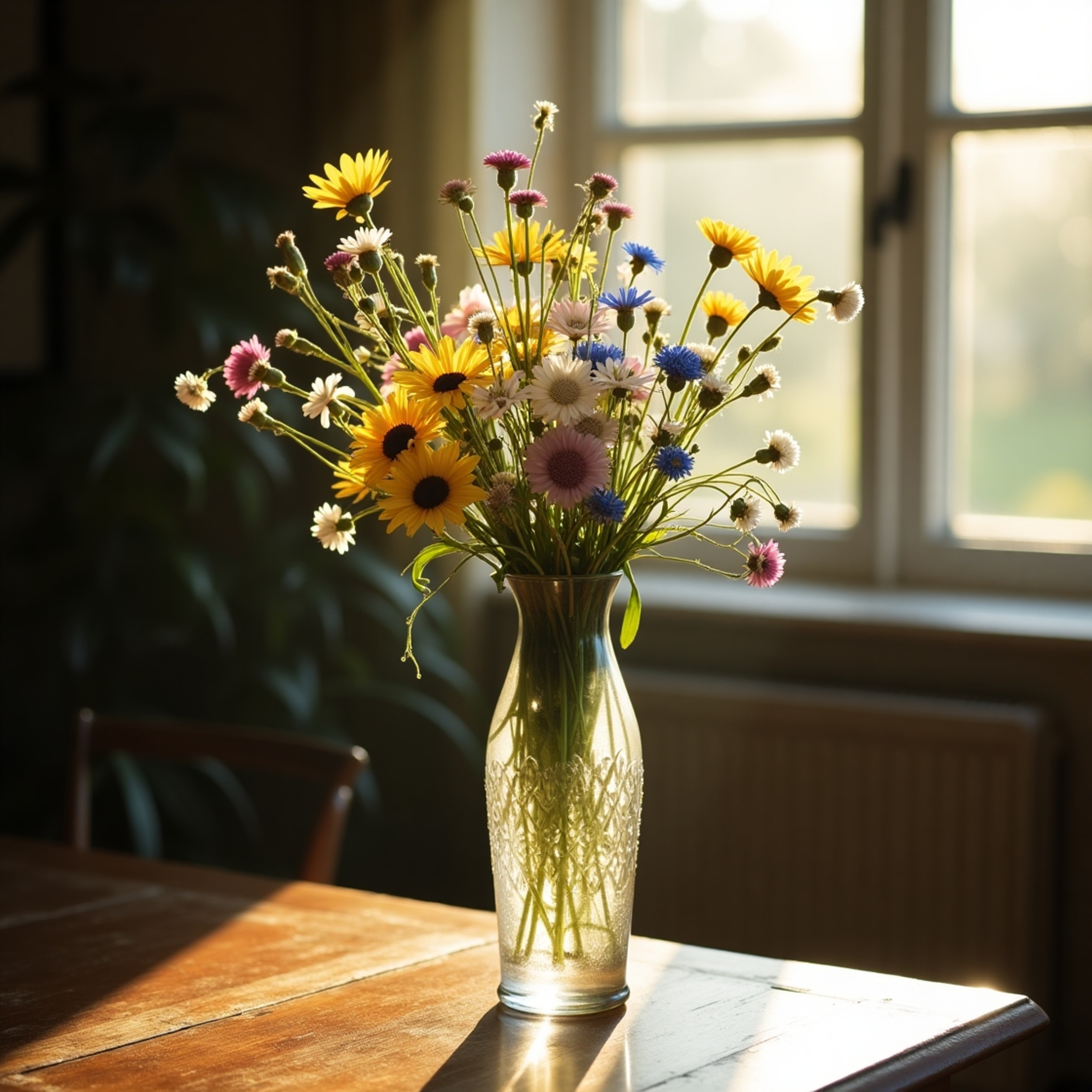 A delicate glass vase, subtly etched, holds a vibrant bouquet of wildflowers in yellows, blues, and pinks. Bathed in the warm
