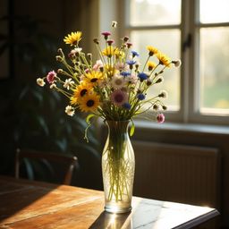 A delicate glass vase, subtly etched, holds a vibrant bouquet of wildflowers in yellows, blues, and pinks. Bathed in the warm