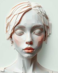 A unique digital glitch art portrait, rendered in a pixelated style and textured with soft pastel layered papier-mâché. This 