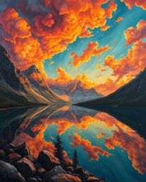 This is a dreamlike and surreal oil painting that depicts the vibrant reflections of fiery clouds in a deep teal mountain lak