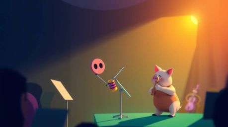 A whimsical scene featuring a pig character diligently conducting an orchestra, bathed in the warm, inviting glow of golden h
