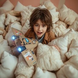 A captivating high-fashion photograph in the style of Pixar depicts a young boy with messy brown hair and bright eyes, excite