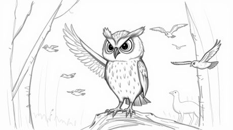 A charming hand-drawn sketch in the style of Pixar depicts a wise, blind owl guiding various bird species through a flight le