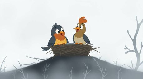 Two cartoon birds in a classic animation style are diligently building a nest amidst thick, swirling fog, creating a scene of