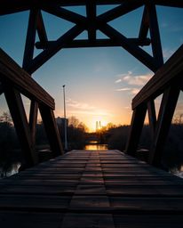 An extreme macro close-up captures the intricate details of an old wooden bridge over a river at sunset. The image is rendere