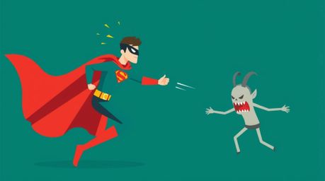 This modern flat design illustration showcases a vibrant teal superhero in a cape locked in battle with a silly villain. The 