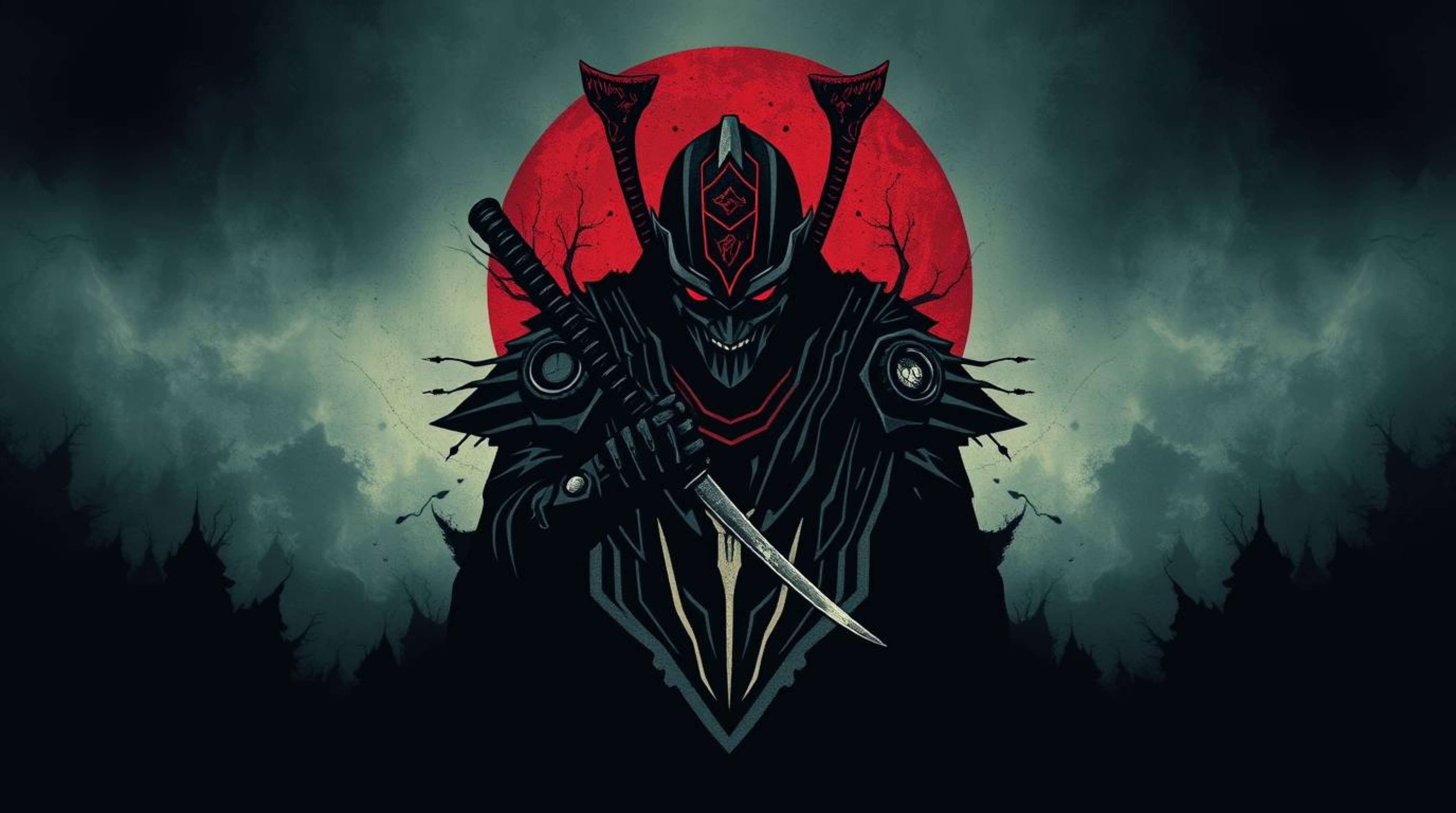 A captivating logo concept depicting a samurai battling a robot in a dark, dystopian world.  The design features eerie, creep