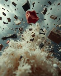 A tight close-up shot showcasing a surreal storm with flying objects and broken gravity, emphasizing the detailed focus on th