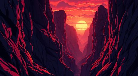 A sophisticated and elegant isekai-style depiction of a rocky canyon bathed in warm sunset hues.  Rich burgundy and deep blue