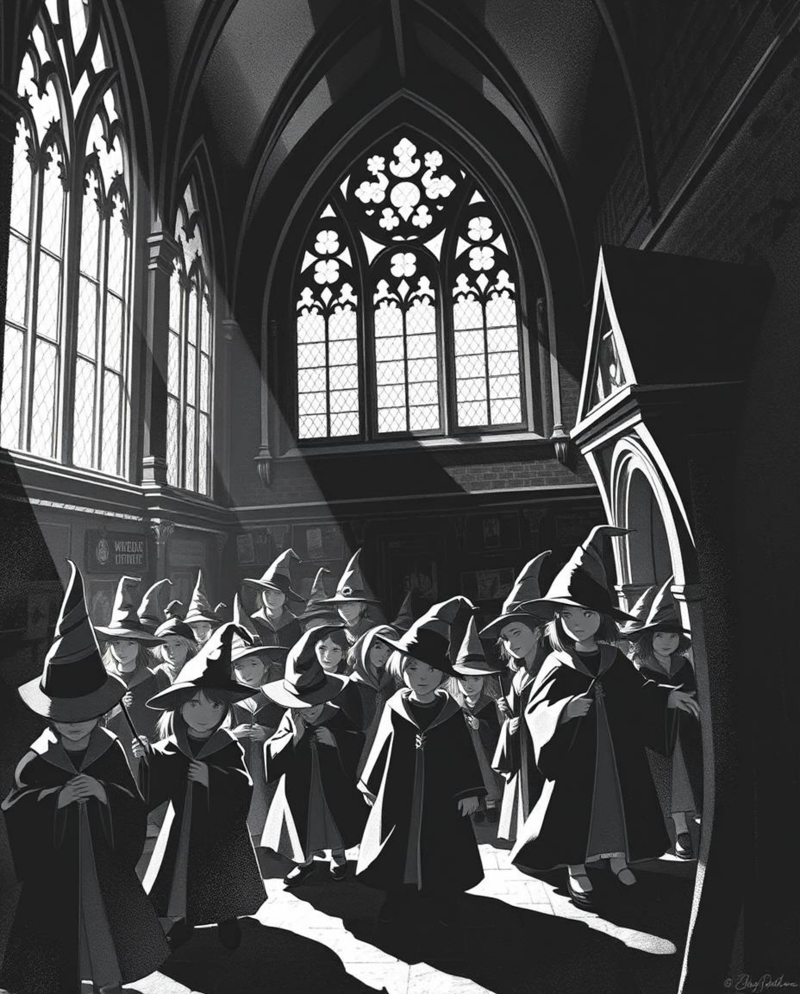 Explore a timeless and elegant black and white illustration featuring a magical school brimming with young wizards. This cine