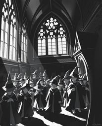 Explore a timeless and elegant black and white illustration featuring a magical school brimming with young wizards. This cine